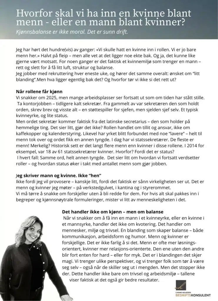 Artikkel om kjønnsbalanse i arbeidslivet